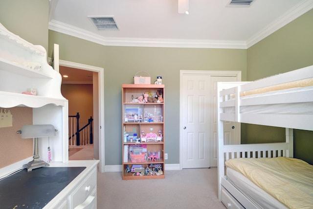 bedroom featuring visible vents, light carpet, baseboards, and ornamental molding