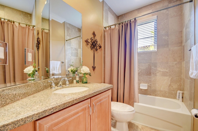 full bath with shower / bath combination with curtain, toilet, tile patterned floors, and vanity