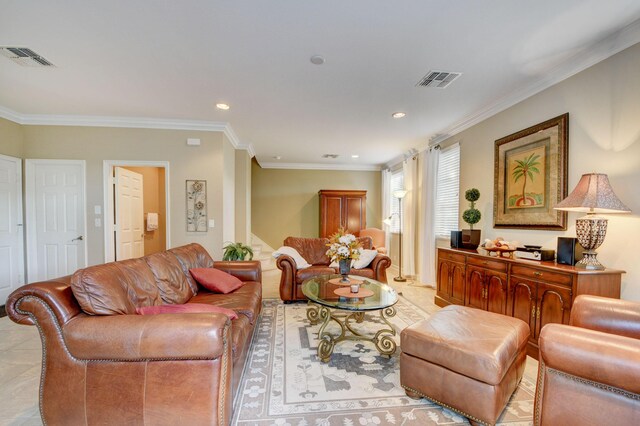 living area with crown molding, light tile patterned floors, recessed lighting, and visible vents
