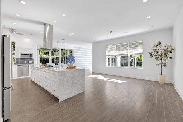 kitchen with white cabinets, recessed lighting, wood finished floors, stainless steel appliances, and island range hood