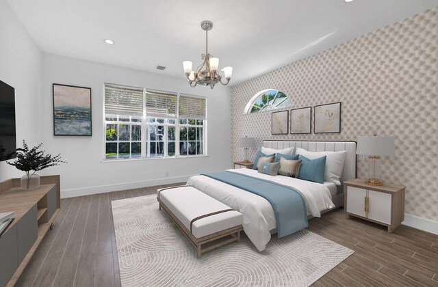 bedroom featuring an accent wall, a chandelier, wood finished floors, wallpapered walls, and baseboards