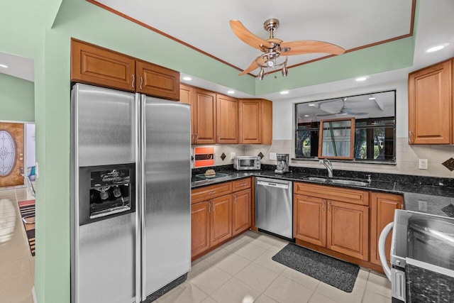 living room with tile patterned floors, lofted ceiling, baseboards, ceiling fan, and recessed lighting