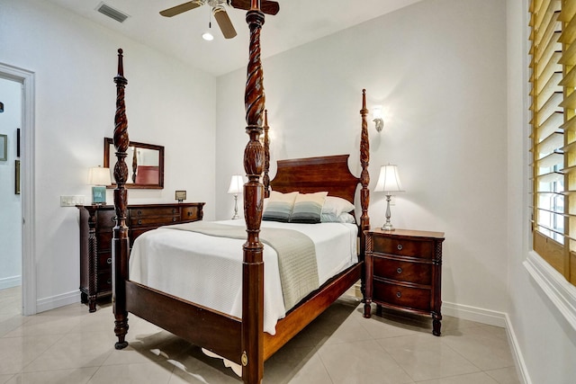 bedroom with baseboards, recessed lighting, light tile patterned floors, a ceiling fan, and visible vents