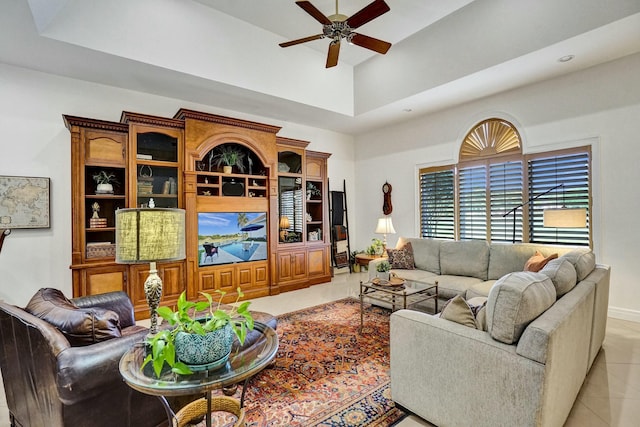 330 NW 130th Ave, Plantation, FL 33325 - living area with ceiling fan, light tile patterned floors, and a towering ceiling