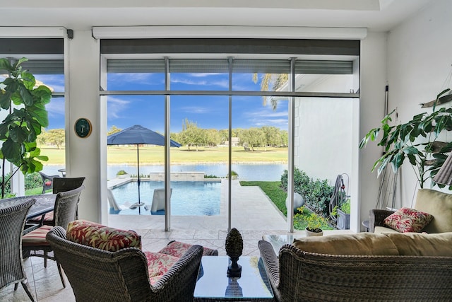 interior space with a water view