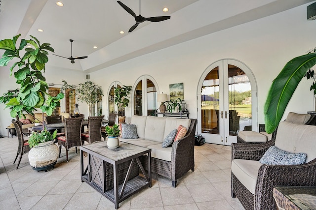 view of patio featuring outdoor lounge area, french doors, a ceiling fan, and outdoor dining space