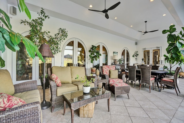 view of patio / terrace featuring a ceiling fan, french doors, outdoor lounge area, and outdoor dining area