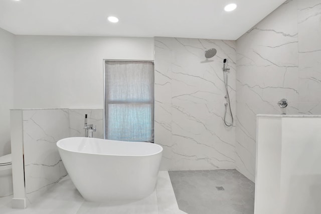 4730 S Lake Dr, Boynton Beach, FL 33436 - full bathroom with toilet, a marble finish shower, a soaking tub, recessed lighting, and tile walls