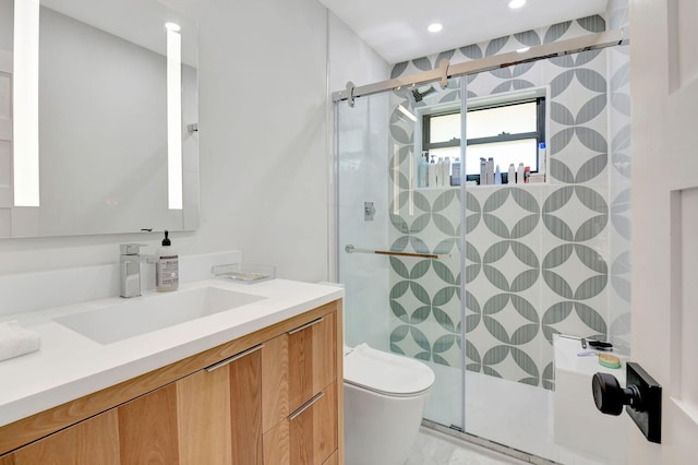 4730 S Lake Dr, Boynton Beach, FL 33436 - bathroom with vanity, recessed lighting, toilet, a shower stall, and marble finish floor