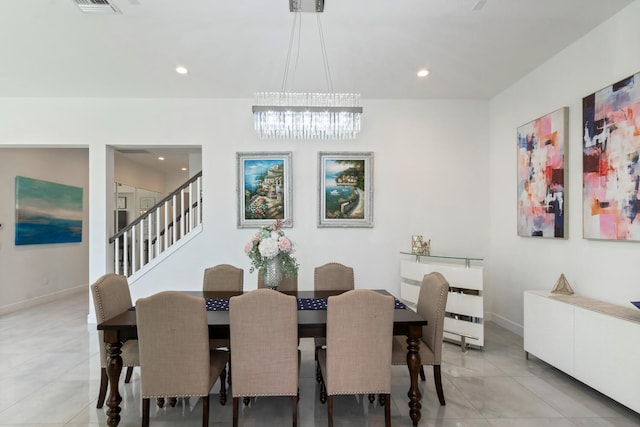 8451 Grand Prix Ln, Boynton Beach, FL 33472 - dining space with stairs, recessed lighting, an inviting chandelier, light tile patterned floors, and baseboards