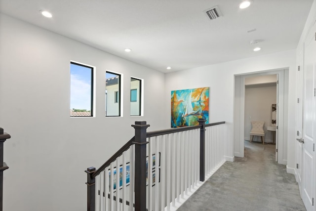 8451 Grand Prix Ln, Boynton Beach, FL 33472 - corridor with carpet floors, an upstairs landing, visible vents, and recessed lighting