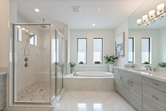 8451 Grand Prix Ln, Boynton Beach, FL 33472 - bathroom featuring visible vents, a marble finish shower, a garden tub, and vanity