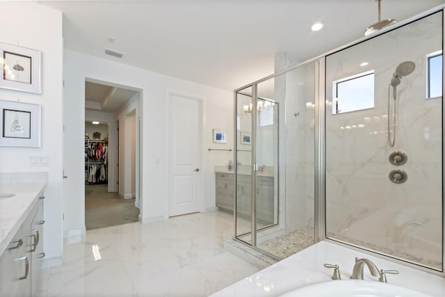 8451 Grand Prix Ln, Boynton Beach, FL 33472 - full bathroom featuring marble finish floor, visible vents, a marble finish shower, and vanity