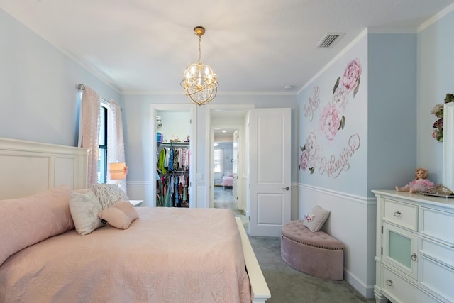 8451 Grand Prix Ln, Boynton Beach, FL 33472 - carpeted bedroom featuring crown molding, visible vents, a closet, and a notable chandelier