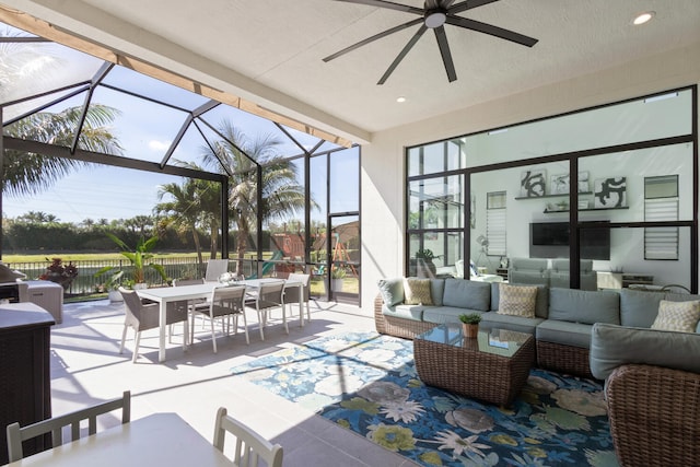 8451 Grand Prix Ln, Boynton Beach, FL 33472 - view of patio with outdoor dining space, a lanai, an outdoor living space, and a ceiling fan