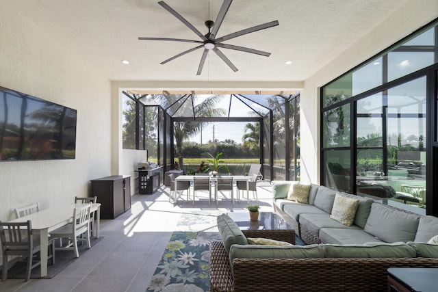 8451 Grand Prix Ln, Boynton Beach, FL 33472 - exterior space featuring an outdoor hangout area, glass enclosure, outdoor dining area, a ceiling fan, and a grill