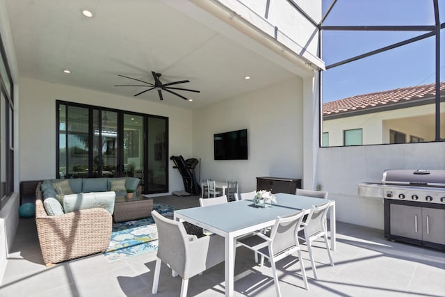 8451 Grand Prix Ln, Boynton Beach, FL 33472 - view of patio / terrace with an outdoor living space, a lanai, outdoor dining area, and a ceiling fan