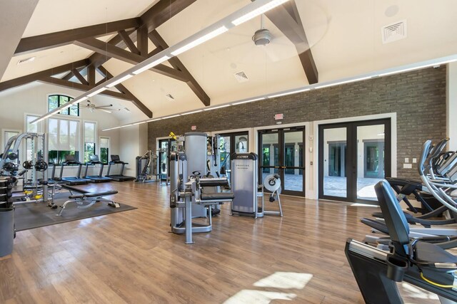 8451 Grand Prix Ln, Boynton Beach, FL 33472 - workout area featuring french doors, a ceiling fan, high vaulted ceiling, and wood finished floors