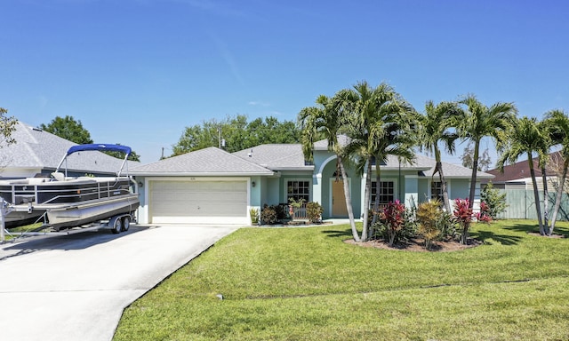single story home featuring a front yard, a garage, driveway, and stucco siding