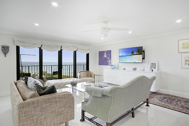 living room with recessed lighting, baseboards, crown molding, and ceiling fan