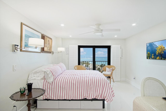 bedroom with baseboards, access to outside, ceiling fan, and recessed lighting