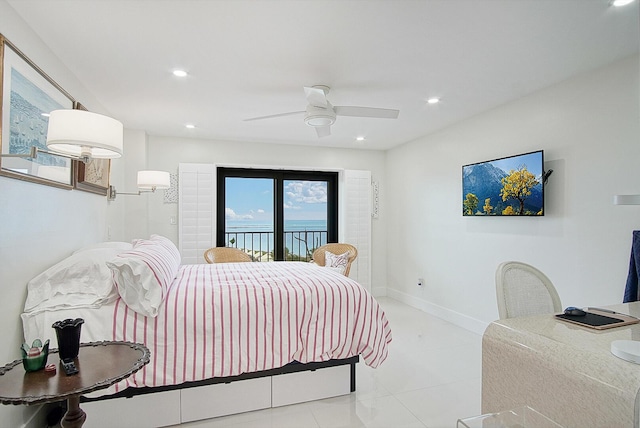 bedroom featuring light tile patterned floors, baseboards, a ceiling fan, recessed lighting, and access to exterior