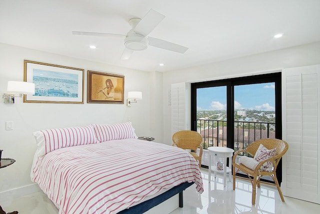 bedroom featuring access to outside, ceiling fan, and recessed lighting