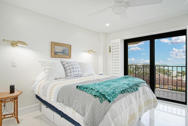 bedroom with recessed lighting, access to outside, baseboards, and ceiling fan