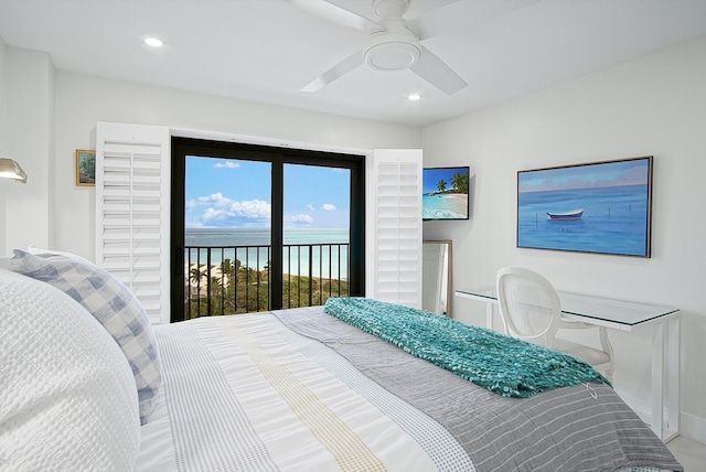 bedroom featuring access to exterior, ceiling fan, a water view, and recessed lighting