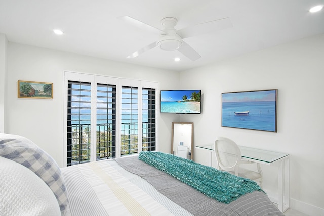 bedroom with recessed lighting, baseboards, and ceiling fan