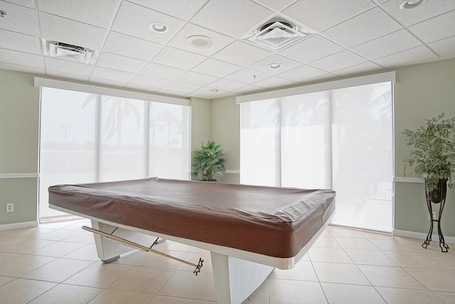 recreation room featuring pool table, visible vents, baseboards, and light tile patterned flooring