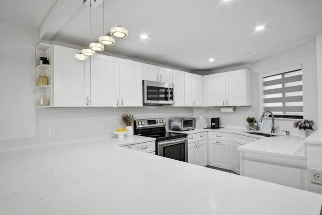 kitchen featuring white cabinets, a sink, open shelves, and appliances with stainless steel finishes