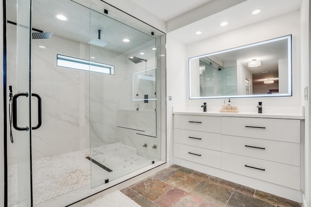 420 SW 128th Ave, Miami, FL 33184 - bathroom with stone tile floors, double vanity, a marble finish shower, and recessed lighting