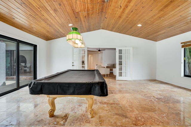 420 SW 128th Ave, Miami, FL 33184 - game room with baseboards, lofted ceiling, billiards, french doors, and wood ceiling