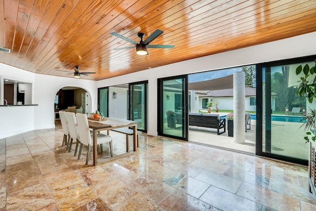 420 SW 128th Ave, Miami, FL 33184 - interior space with wooden ceiling, a ceiling fan, arched walkways, and visible vents