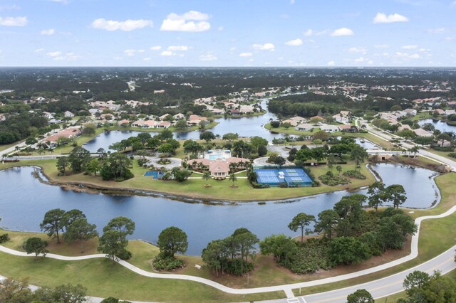 aerial view featuring a water view and a residential view