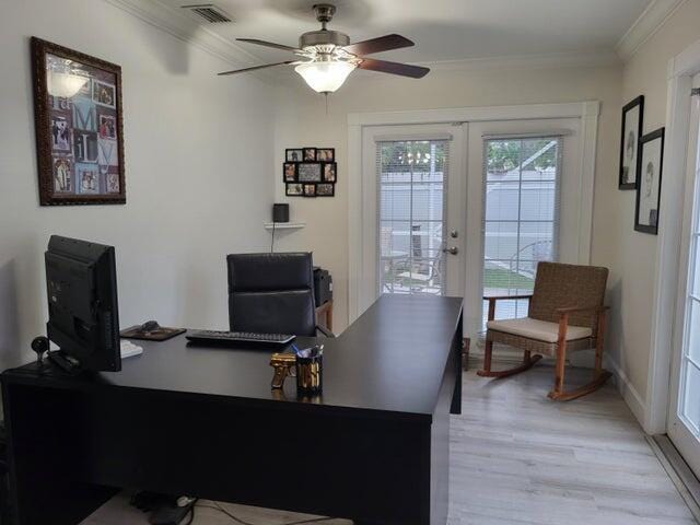 2285 Saratoga Ln, West Palm Beach, FL 33409 - office with ornamental molding, light wood-style flooring, french doors, visible vents, and ceiling fan