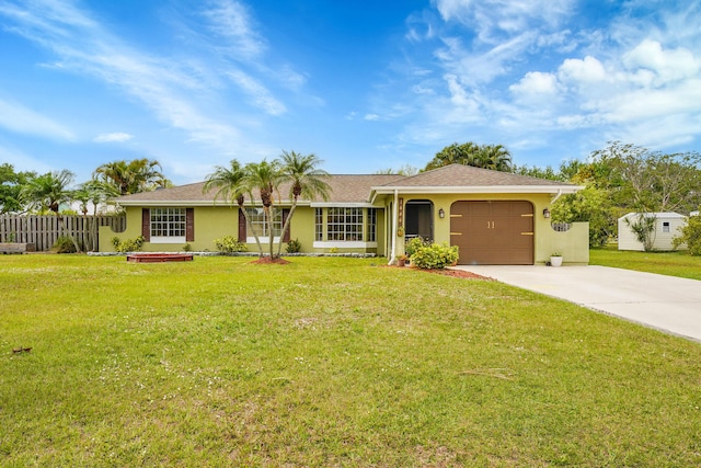 ranch-style house featuring stucco siding, fence, an attached garage, driveway, and a front yard