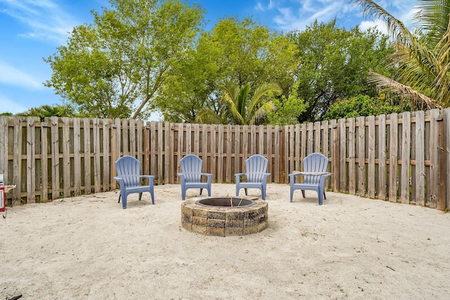 view of patio / terrace featuring a fenced backyard and an outdoor fire pit