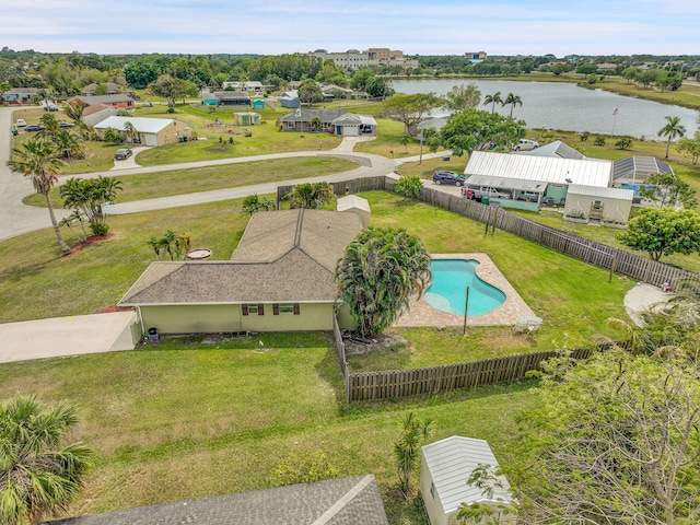 drone / aerial view with a water view