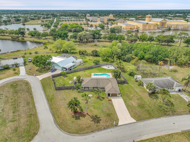 drone / aerial view with a water view