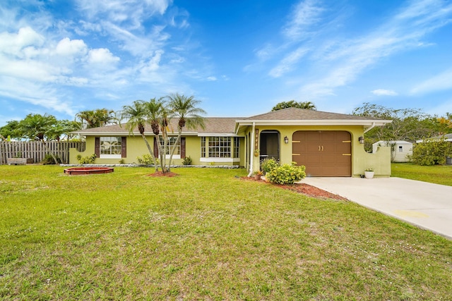 ranch-style house with concrete driveway, stucco siding, fence, an attached garage, and a front lawn