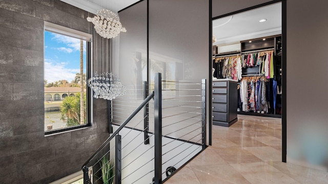 1526 SE 11th St, Deerfield Beach, FL 33441 - corridor featuring a notable chandelier, an upstairs landing, crown molding, and marble finish floor