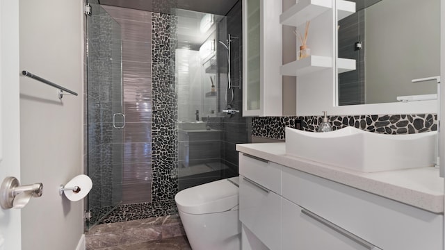 1526 SE 11th St, Deerfield Beach, FL 33441 - full bathroom with tasteful backsplash, a shower stall, marble finish floor, toilet, and vanity