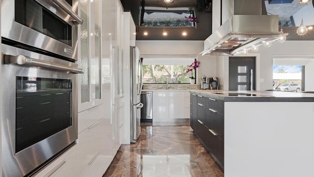 1526 SE 11th St, Deerfield Beach, FL 33441 - kitchen with stainless steel appliances, marble finish floor, white cabinets, island exhaust hood, and modern cabinets