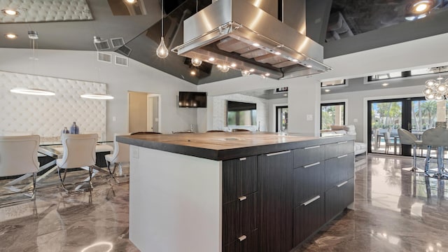 1526 SE 11th St, Deerfield Beach, FL 33441 - kitchen featuring butcher block counters, open floor plan, island exhaust hood, modern cabinets, and marble finish floor