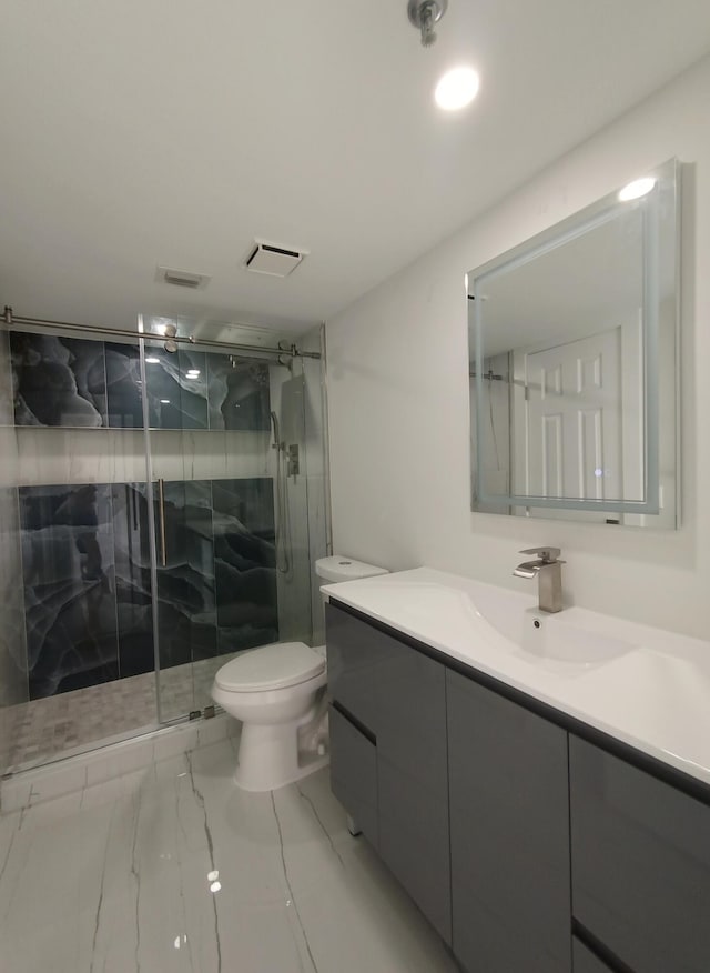7240 Huntington Ln Unit 408, Delray Beach, FL 33446 - bathroom with marble finish flooring, toilet, vanity, and a marble finish shower