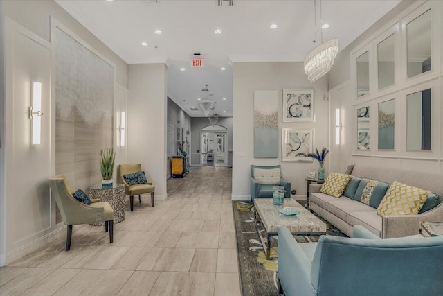 living room with recessed lighting, light tile patterned floors, baseboards, visible vents, and ornamental molding