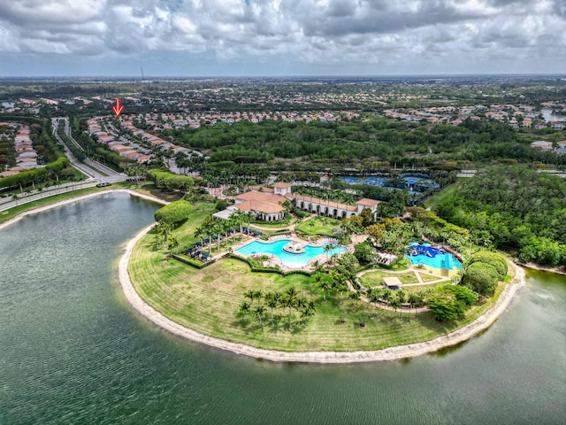 drone / aerial view with a water view