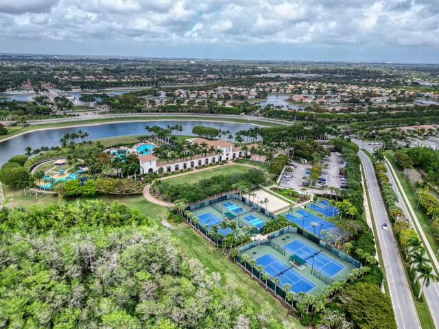 drone / aerial view with a water view